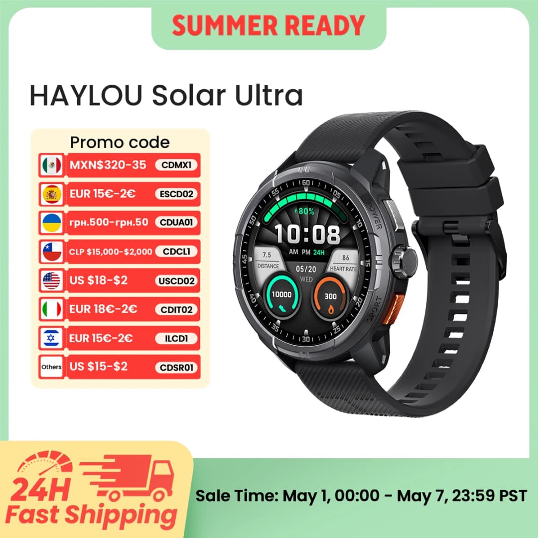 ساعة HAYLOU Solar Ultra الذكية بنظام تحديد المواقع العالمي (GPS) بشاشة AMOLED مقاس 1.6 بوصة ومقاومة للماء حتى 50 مترًا مع نظام تحديد المواقع العالمي (GPS) مدمج ومكالمات بلوتوث وساعة رياضية