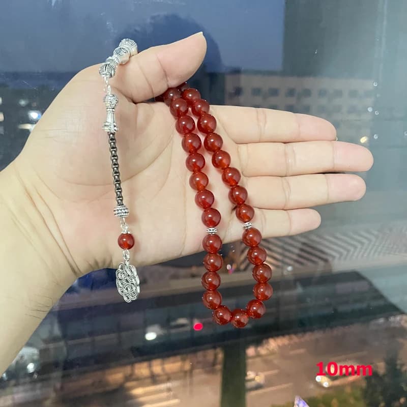 سبحة عقيق أحمر طبيعي كلسيدوني مسبحة إسلامية مسلمة كل شيء جديد سوار خرز صلاة 33 66 99 خرزة مسبحة حجر - 2