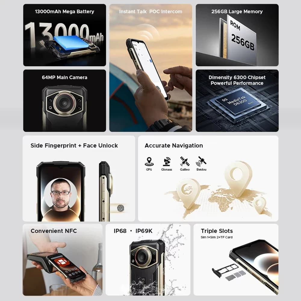 العرض الأول عالمياً Doogee Fire 7 هاتف متين بشاشة 6.6 بوصة IPS 64 ميجابكسل ثماني النواة 5G 32 جيجابايت+256 جيجابايت 13000 مللي أمبير أندرويد 15 NFC - 6