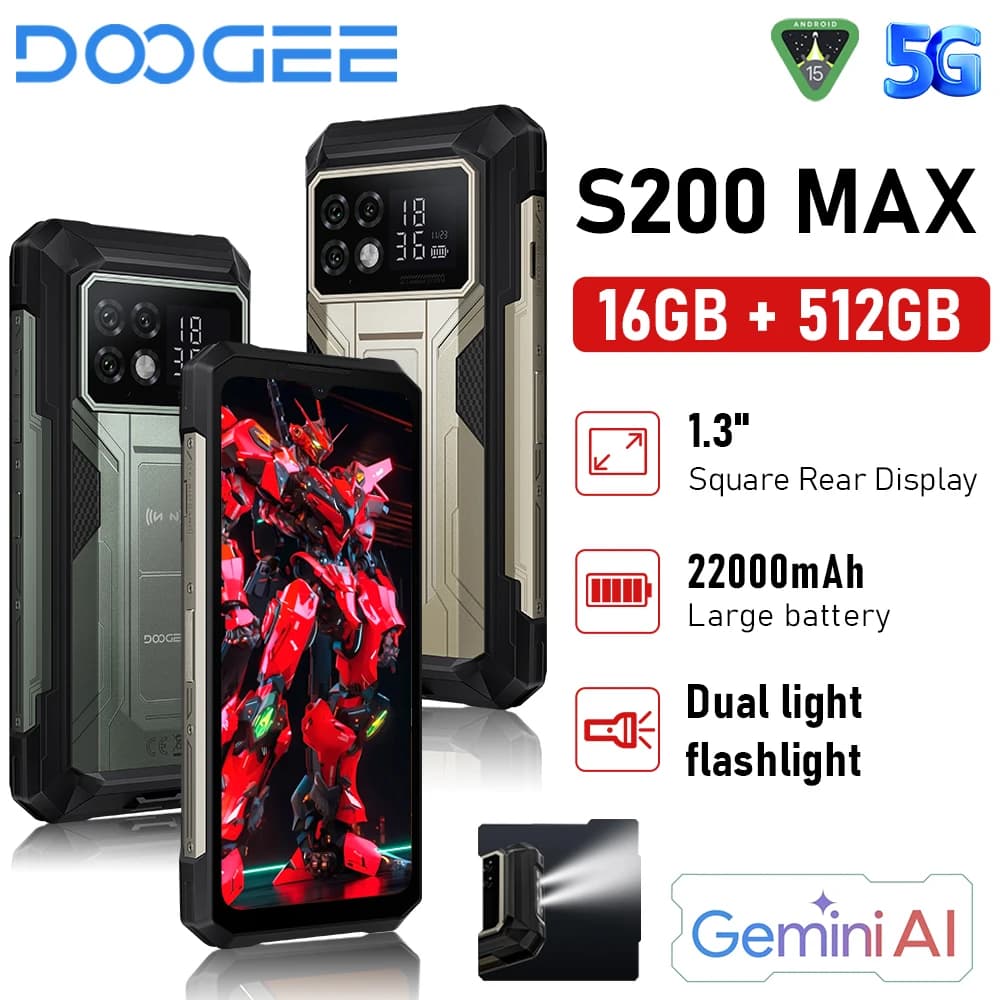 هاتف DOOGEE S200 Max المتين بشاشة 6.72 بوصة بمعدل تحديث 120 هرتز وشاشة خلفية 1.32 بوصة بذاكرة 36 جيجابايت + 512 جيجابايت وبطارية 22000 مللي أمبير وشحن سريع 66 واط بنظام أندرويد 15 وNFC
