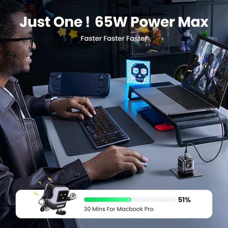 【قابس US】 شاحن UGREEN 65 واط 30 واط GaN تصميم روبوت PD3.0 شاحن سريع QC4.0 3.0 PPS لجهاز iPhone 17 و16 و15 Pro وMacbook Laptop Table - 2