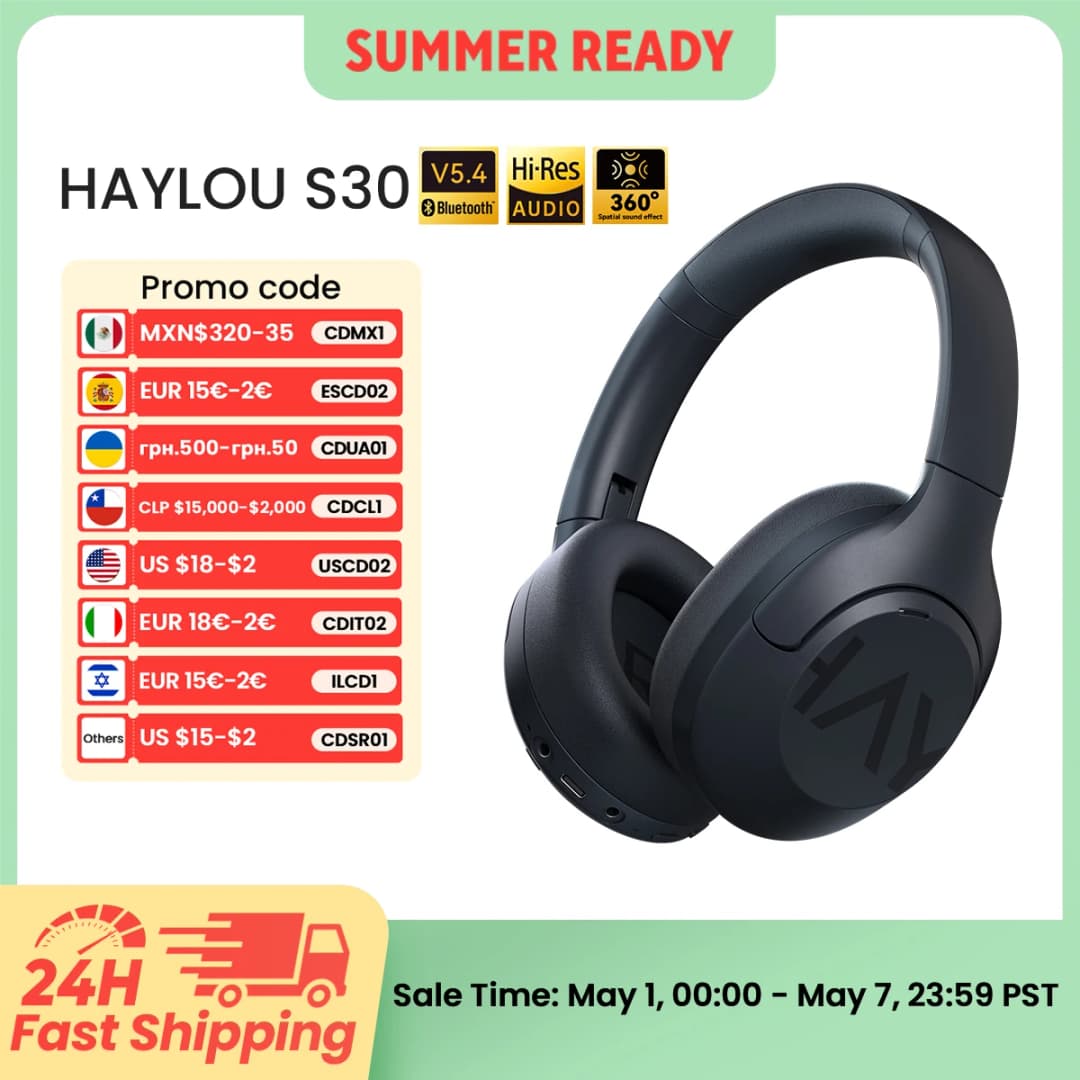 سماعات رأس HAYLOU S30 بلوتوث لاسلكي 5.4 إلغاء ضوضاء تكيّفي 43dB مشغّل 40 مم سماعات أذن بوقت تشغيل 80 ساعة
