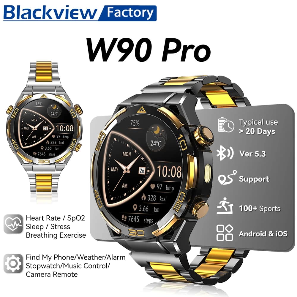 2025 بلاكفيو W90 برو ساعة ذكية، شاشة AMOLED 1.43 بوصة، تتبع الأكسجين في الدم عبر GPS، مكالمات بلوتوث، مراقبة معدل ضربات القلب، ساعة ذكية للرجال