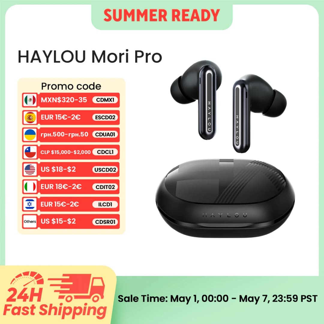 سماعات HAYLOU Mori Pro بلوتوث 5.4 - سماعات أذن عزل ضوضاء نشط -43dB مع 6 ميكروفونات وسماعات رأس لاسلكية وبطارية تدوم حتى 35 ساعة