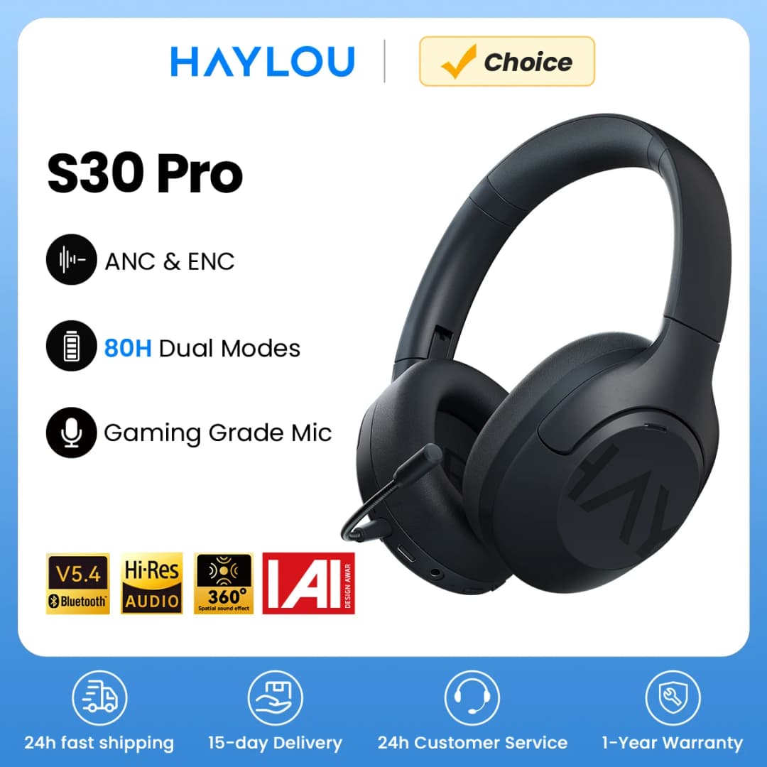 سماعات رأس بلوتوث لاسلكية HAYLOU S30 إصدار 5.4 مع إلغاء ضوضاء تكيّفي 43dB ومشغل 40 ملم ومدة تشغيل 80 ساعة