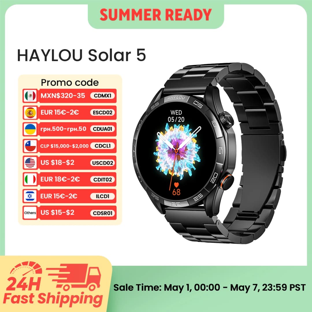 ساعة HAYLOU Solar 5 الذكية للمكالمات الصوتية بشاشة AMOLED مقاس 1.58 بوصة ومعدل تحديث 60 هرتز، مع مراقبة صحية على مدار 24 ساعة وساعة رياضية للرجال