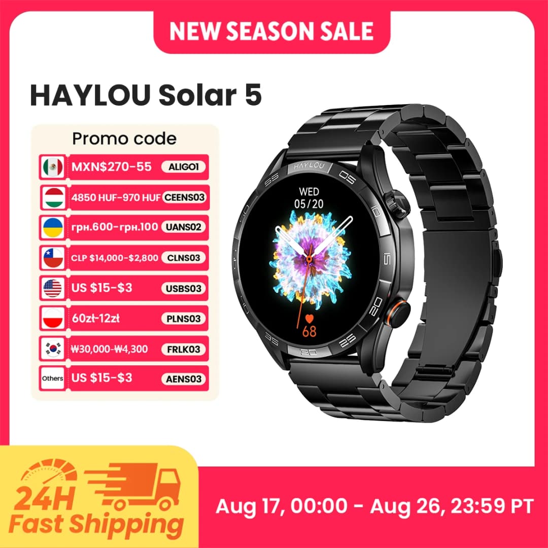 ساعة HAYLOU Solar 5 الذكية للمكالمات الصوتية بشاشة AMOLED مقاس 1.58 بوصة ومعدل تحديث 60 هرتز، مع مراقبة صحية على مدار 24 ساعة وساعة رياضية للرجال
