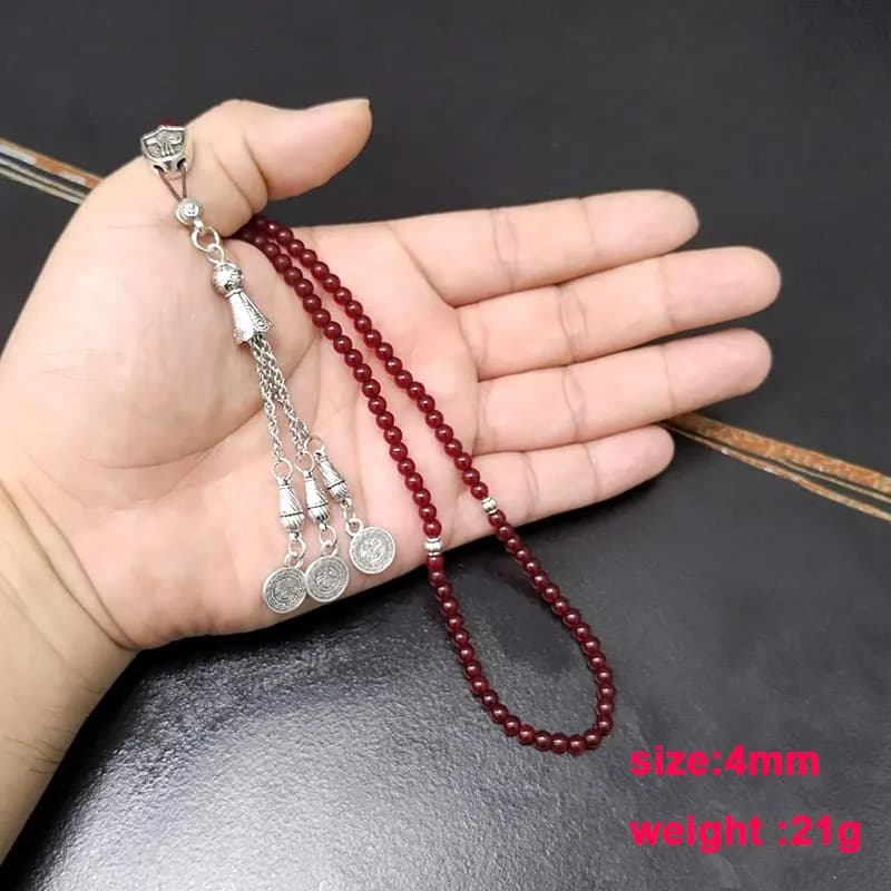 سبحة 99 حبة من حجر الرمان الأحمر، حبات صغيرة 4 ملم، حبات صلاة مسلمة، هدية عيد إسلامية - 4
