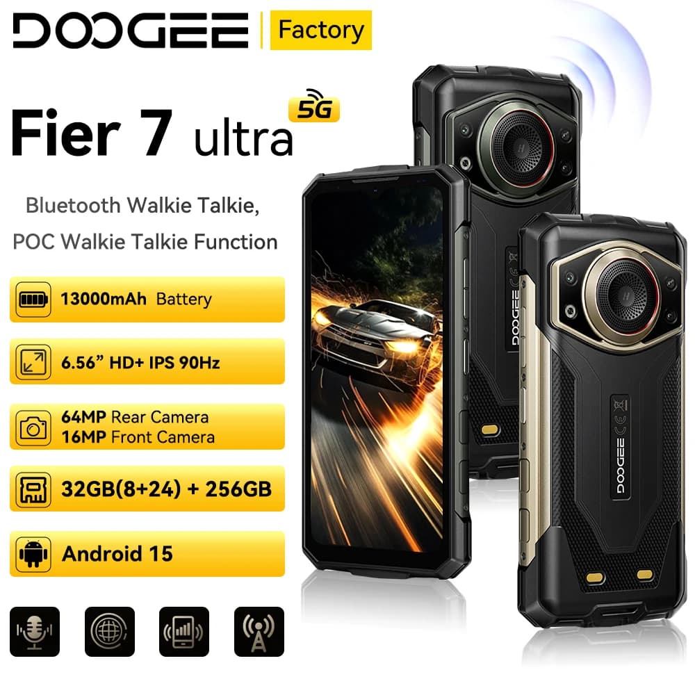 العرض الأول عالمياً Doogee Fire 7 هاتف متين بشاشة 6.6 بوصة IPS 64 ميجابكسل ثماني النواة 5G 32 جيجابايت+256 جيجابايت 13000 مللي أمبير أندرويد 15 NFC