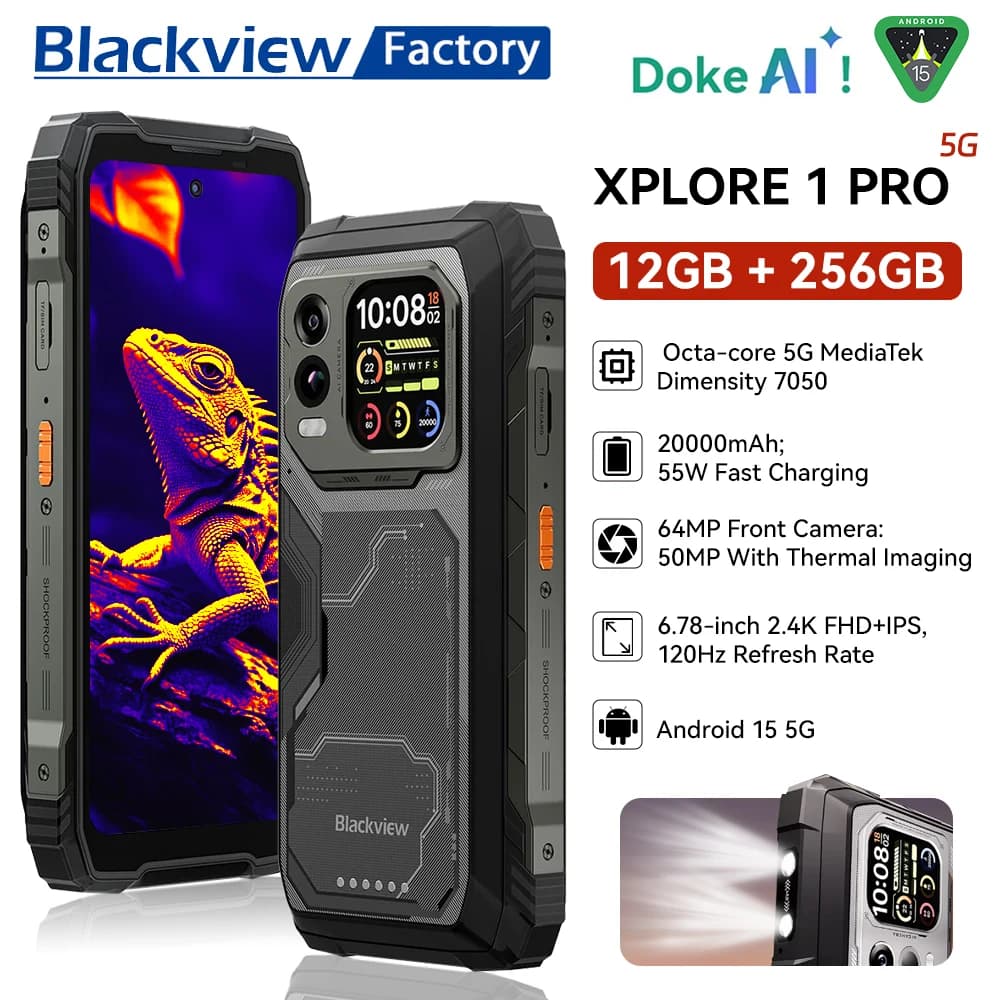 هاتف بلاكفيو إكسبلور 1 برو المتين 16 جيجابايت + 512 جيجابايت تصوير حراري مدعوم من FLIR شاشة 6.78 بوصة 2.4K هاتف ذكي 5G أندرويد 15 NFC