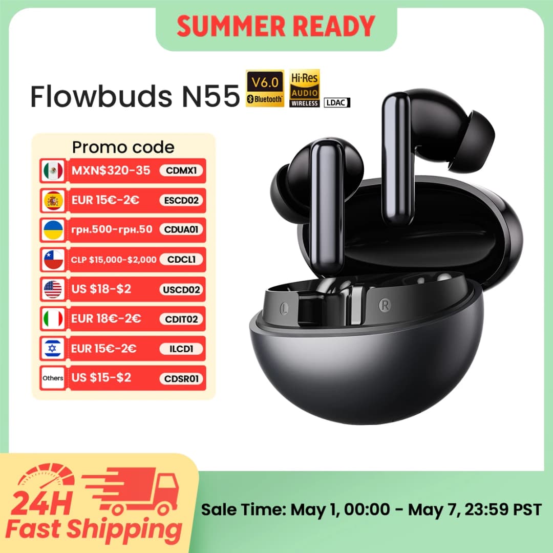سماعات أذن لاسلكية HAYLOU Flowbuds N55، إلغاء ضوضاء تكيفي 54dB، بلوتوث 6.0، صوت عالي الدقة LDAC، 6 ميكروفونات، مكالمات HD، تشغيل حتى 40 ساعة، مقاومة للماء IPX5