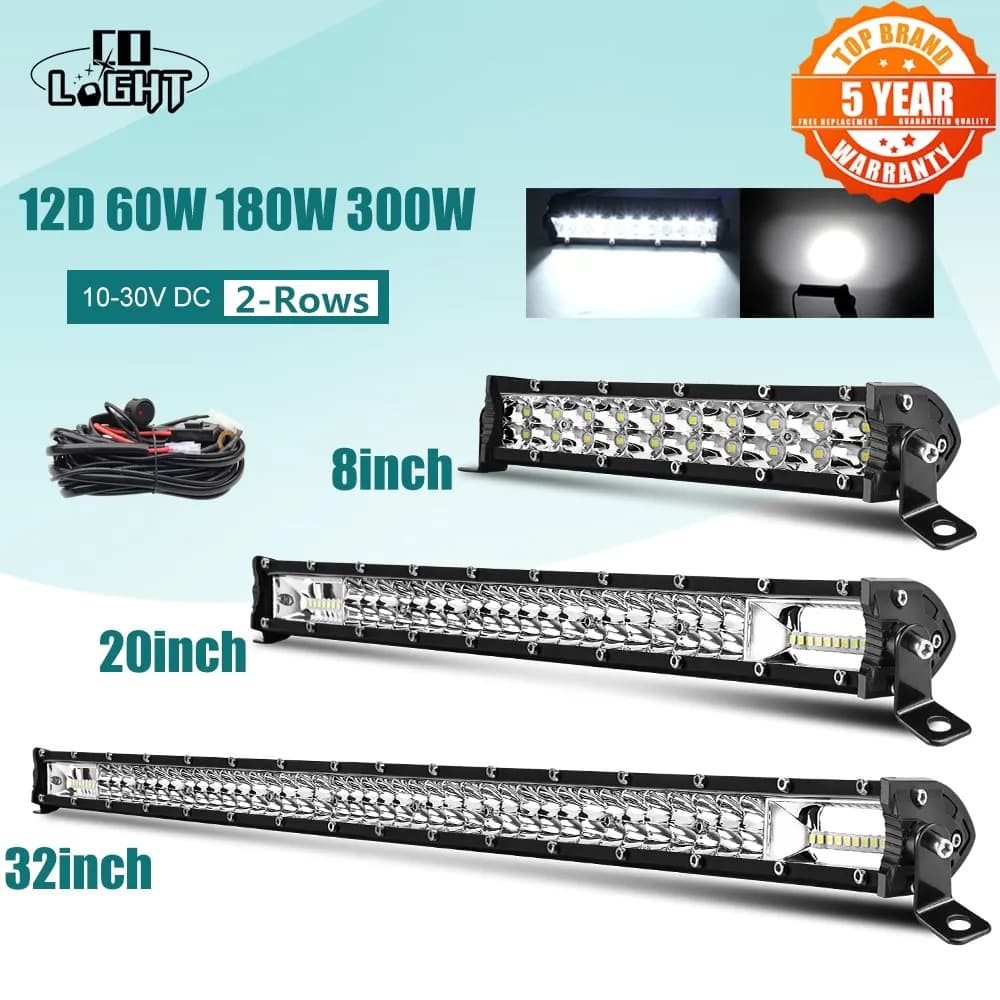 شريط إضاءة LED فائق النحافة CO LIGHT 12D 8" 20" 32" شريط إضاءة LED لبقعة فيضان لجرار قارب استخدام الطرق الوعرة شاحنات 4x4 SUV 12 فولت 24 فولت