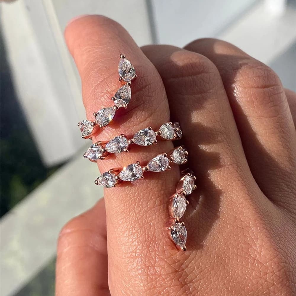 Huitan Luxury Rose Gold Color with Water Drop Zircon Snake Shape Women Ring Delicate Anniversary Gift Stylish Girl Opening Rings - 2