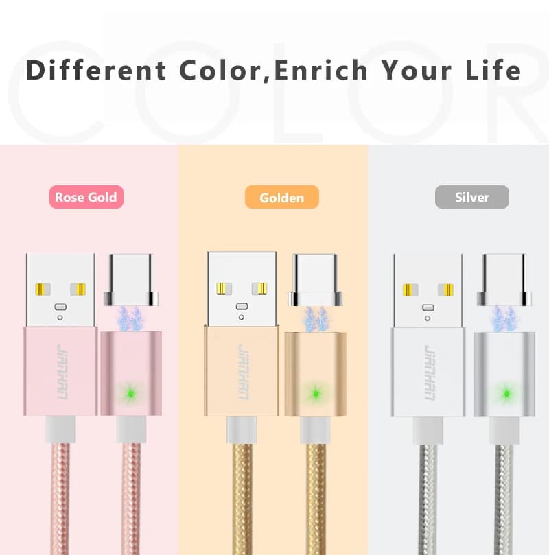 JianHan Magnetic Type C Cable 1M 3A Fast Charging Magnet Data Phone Charger Cable with LED Light for Samsung Xiaomi Huawei - 6