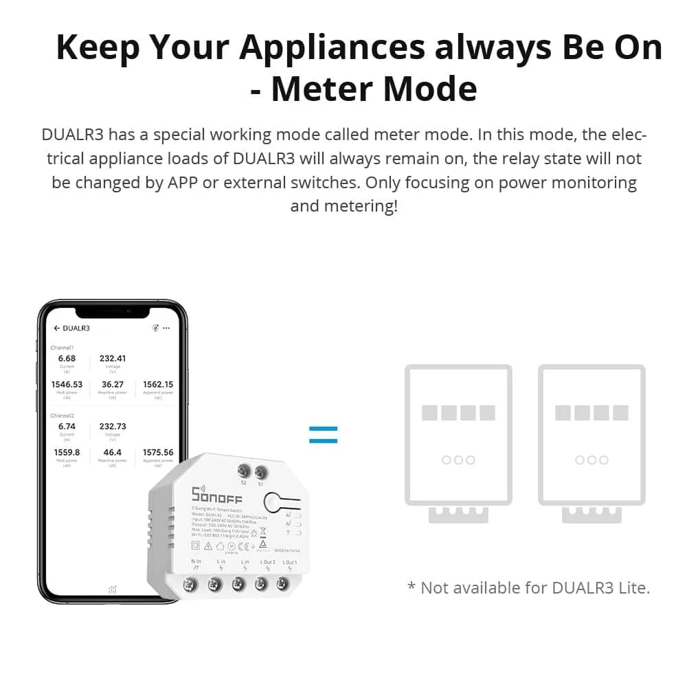 سونوف DUALR3 / DUALR3 لايت 2 عصابة ثنائي مرحل وحدة دي واي فاي ميني مفتاح ذكي قياس الطاقة تحكم عبر إي ويلينك أليكسا جوجل - 6