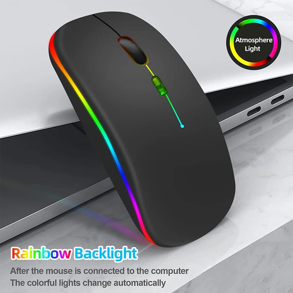 ماوس لاسلكي LED قابل لإعادة الشحن عبر USB متوافق مع بلوتوث ماوس RGB صامت مريح مع إضاءة خلفية لجهاز الكمبيوتر المحمول والكمبيوتر الشخصي والآيباد - 2