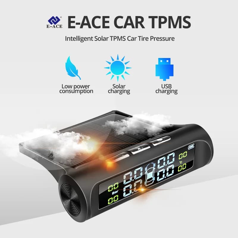 E-ACE Solar Power TPMS Car Tire Pressure Alarm Monitor System Auto Security Alarm Systems Tyre Pressure Temperature Warning - 2