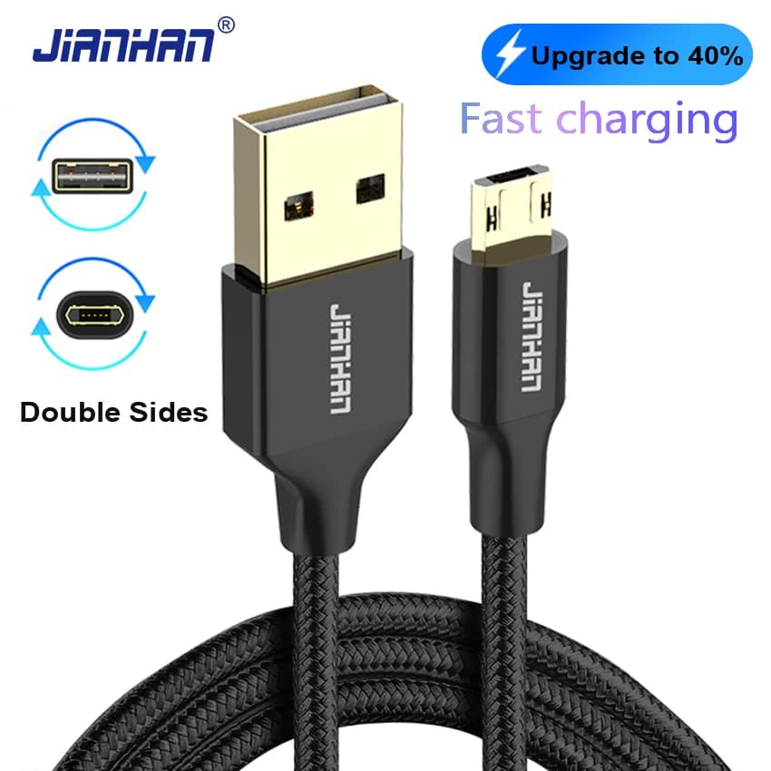كابل مايكرو يو إس بي قابل للعكس، كابل شحن بيانات مضفر، شحن سريع مزدوج لجهازي Xiaomi وSony وسامسونج جالاكسي S6 وS7