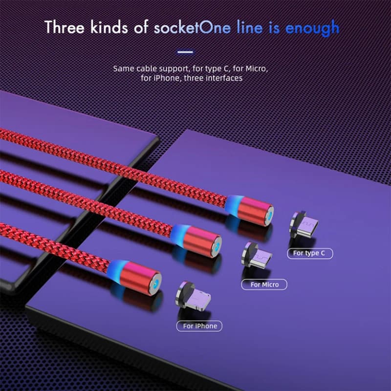 كابل USB مغناطيسي مع إضاءة LED بطاقة 2.4A للشحن السريع، متوافق مع Type C ومايكرو USB للهواتف المحمولة - 2