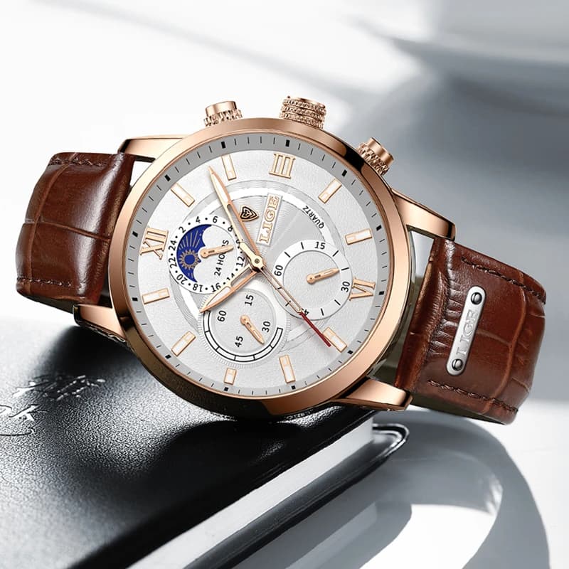 2026 LIGE Watches Mens Top Brand Luxury Clock Casual Leathe 24Hour Moon Phase Men Watch Sports Waterproof Quartz Chronograph+Box - 3