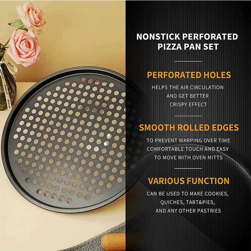 Nonstick Carbon Steel Pizza Crisper Trays Pizza Baking Pan Mold with Holes Round Deep Dish Plate - 6