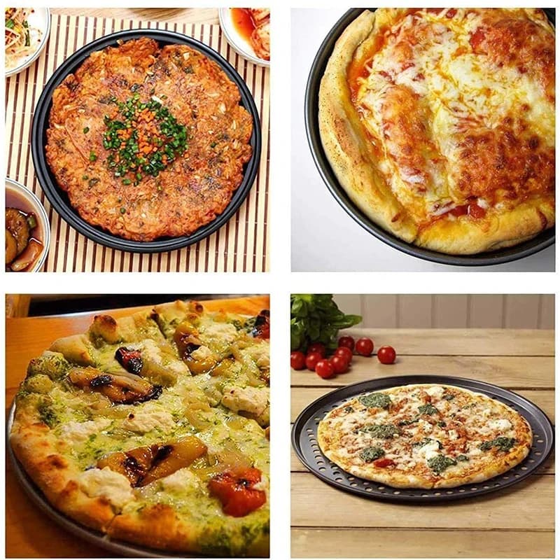 Nonstick Carbon Steel Pizza Crisper Trays Pizza Baking Pan Mold with Holes Round Deep Dish Plate - 4