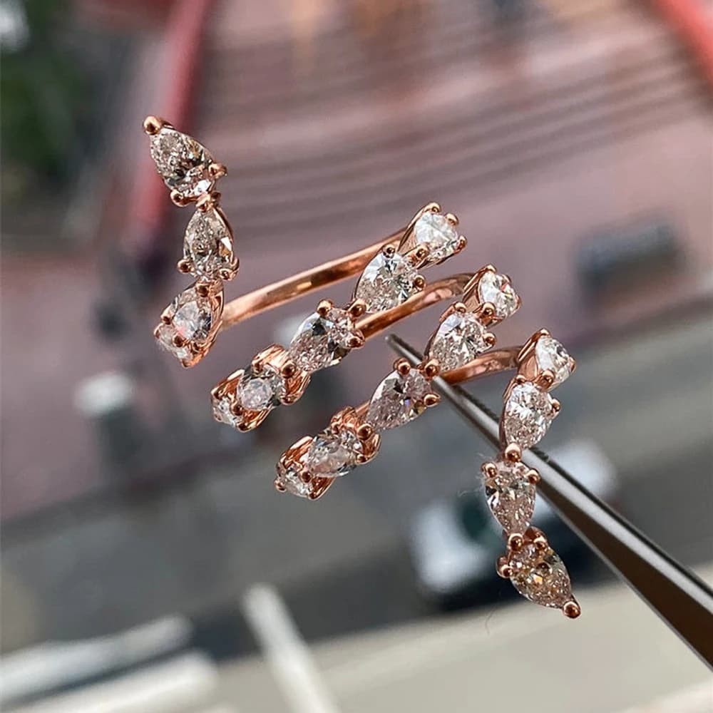 Huitan Luxury Rose Gold Color with Water Drop Zircon Snake Shape Women Ring Delicate Anniversary Gift Stylish Girl Opening Rings - 3