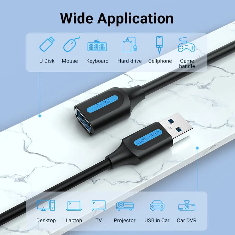 Vention كابل تمديد USB سلك بيانات للكمبيوتر والتلفزيون الذكي وXbox One SSD بسرعة عالية - 3