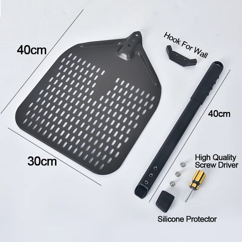 SHANGPEIXUAN 12" Hard Anodized Pizza Peel with Pizza Turning Shovel Set Perforated Rectangle Aluminum Pizza Peel Silicone Handle - 4