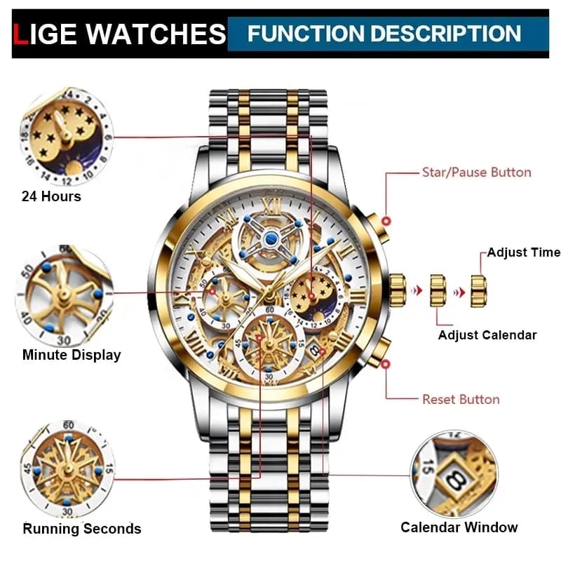LIGE Men Watch Sports Quartz Watches Men Waterproof Chronograph Wristwatch Mens Military Hollow Clock Man Relogio Masculino - 3