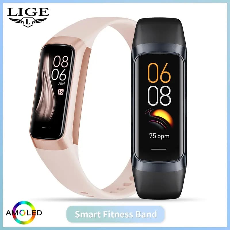 ساعة LIGE الذكية بشاشة Amoled للرجال 2023 سوار ذكي للنساء مراقبة معدل ضربات القلب والدم مقاومة للماء سوار رياضي لتتبع اللياقة البدنية