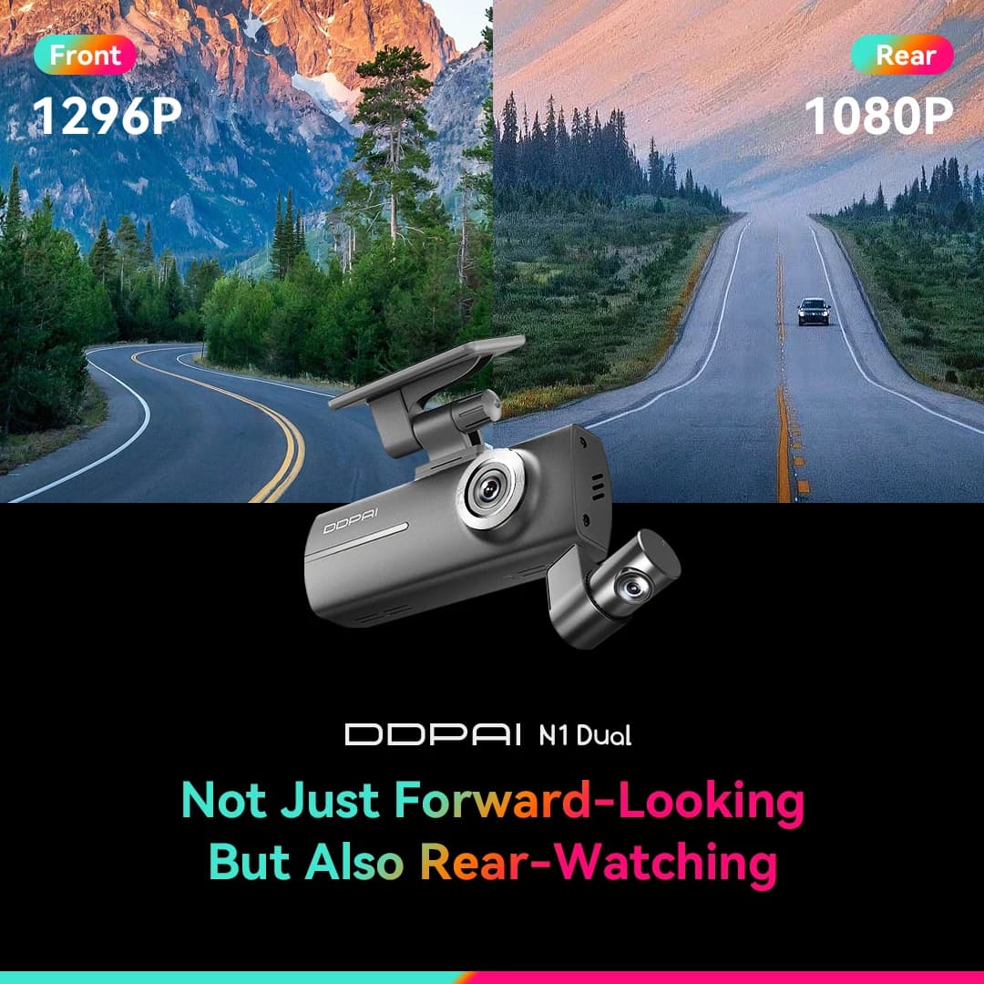 DDPAI داش كام N1، تسجيل أمامي وخلفي مزدوج، NightVIS، دقة 1296P، مسجل فيديو رقمي للسيارات، تحكم عبر التطبيق - 2