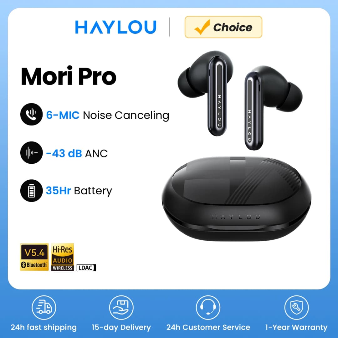 سماعات HAYLOU Mori Pro بلوتوث 5.4 لاسلكية 43dB عزل ضوضاء هجين متكيف LDAC عالي الدقة سماعات أذن 6 ميكروفونات سماعات رأس بطارية 28 ساعة