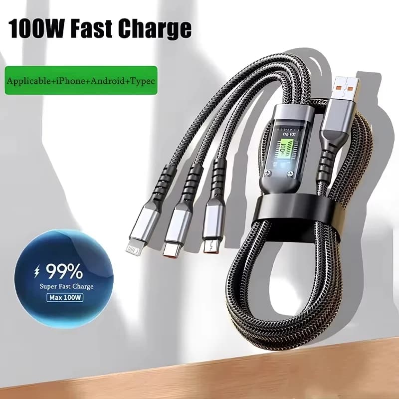 كابل شحن فائق السرعة شفاف 100 واط 3 في 1 مصباح طيار عالمي 6A مع نوع C وUsb Micro لهاتف Iphone وXiaomi وSamsung وHuawei - 4