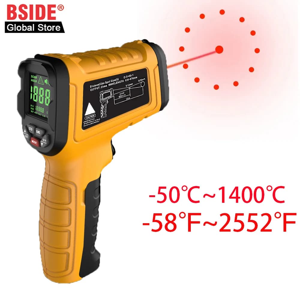 مسدس ميزان حرارة بالأشعة تحت الحمراء من BSIDE، -50~1400 °، أدوات اختبار قياس درجة الحرارة الصناعية، محمول باليد، على شكل C