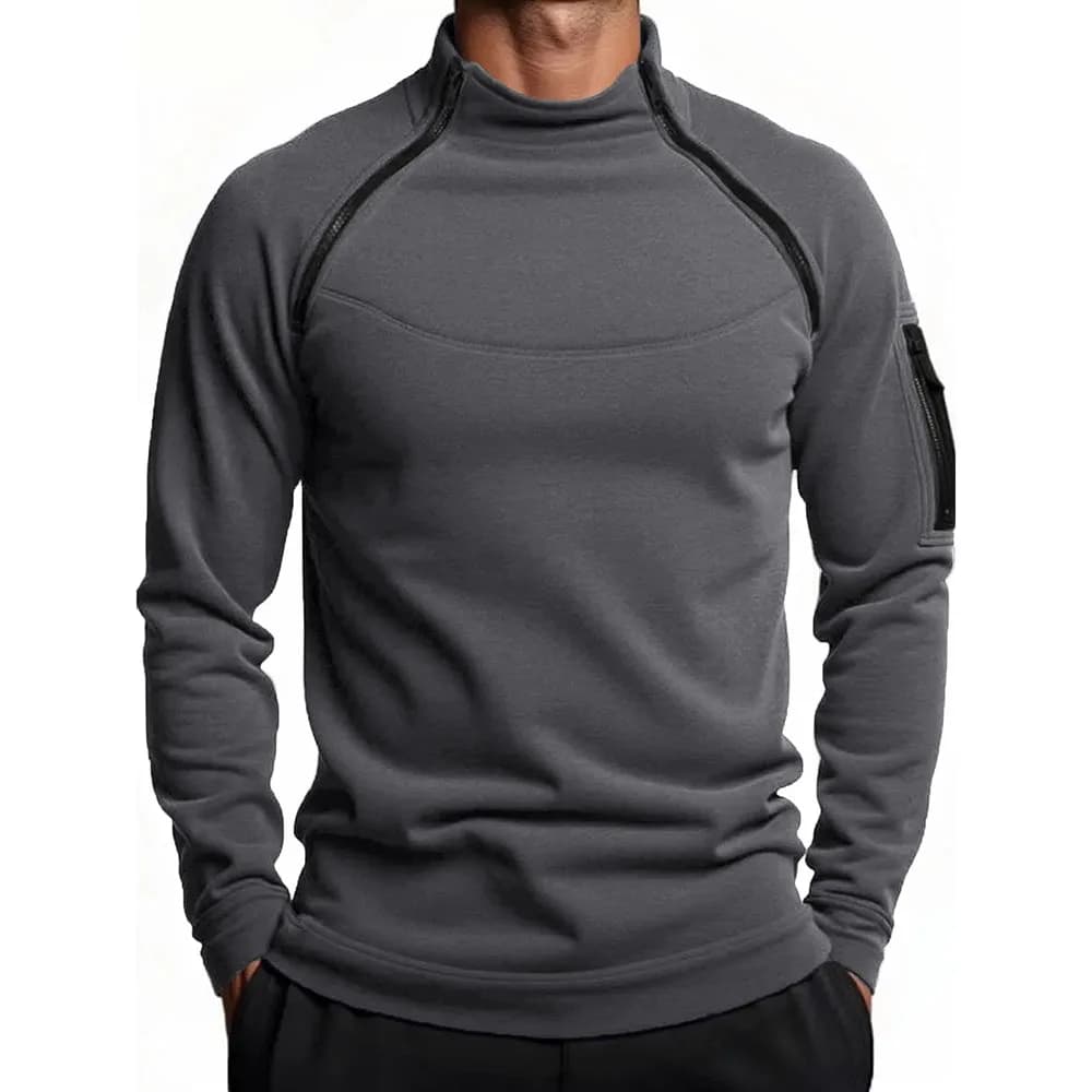 Autumn Winter Men's Polar Fleece Sweatshirt Outdoor Warm Tactical Double Zipper Stand Collar Top Casual Solid Color Sweatshirt - 3