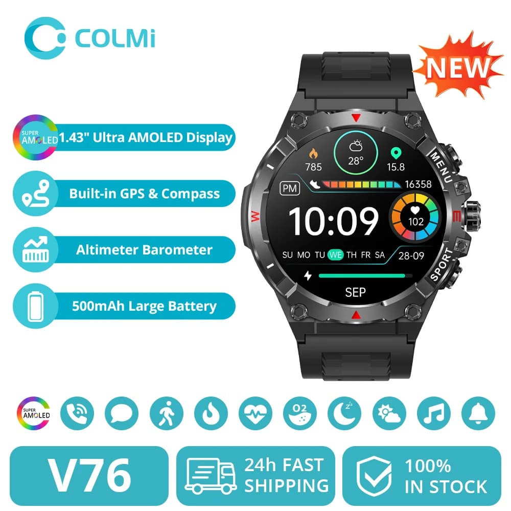 ساعة كولمي V76 الذكية مع GPS وشاشة Ultra AMOLED 1.43 بوصة مدمجة وبوصلة ومقياس الارتفاع والضغط الجوي وبطارية 500 مللي أمبير 2025