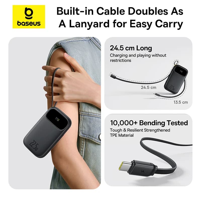 بايوس 22.5 واط 10000 مللي أمبير 20000 مللي أمبير بنك طاقة مدمج بكابل قابل للسحب USB-C و Lightning لهاتف آيفون 16 سامسونج S25 شاومي بوكو - 4
