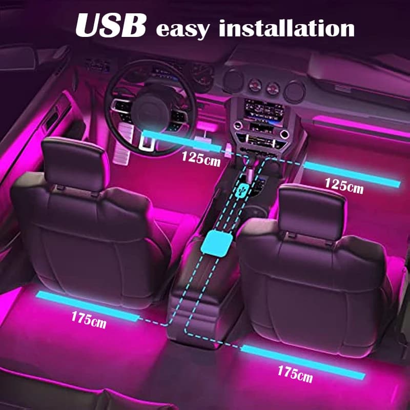 شريط إضاءة LED للسيارة مع 48 LED USB وتحكم عبر تطبيق بلوتوث مقاوم للماء متعدد الألوان RGB لإضاءة جو داخلي للسيارة - 4