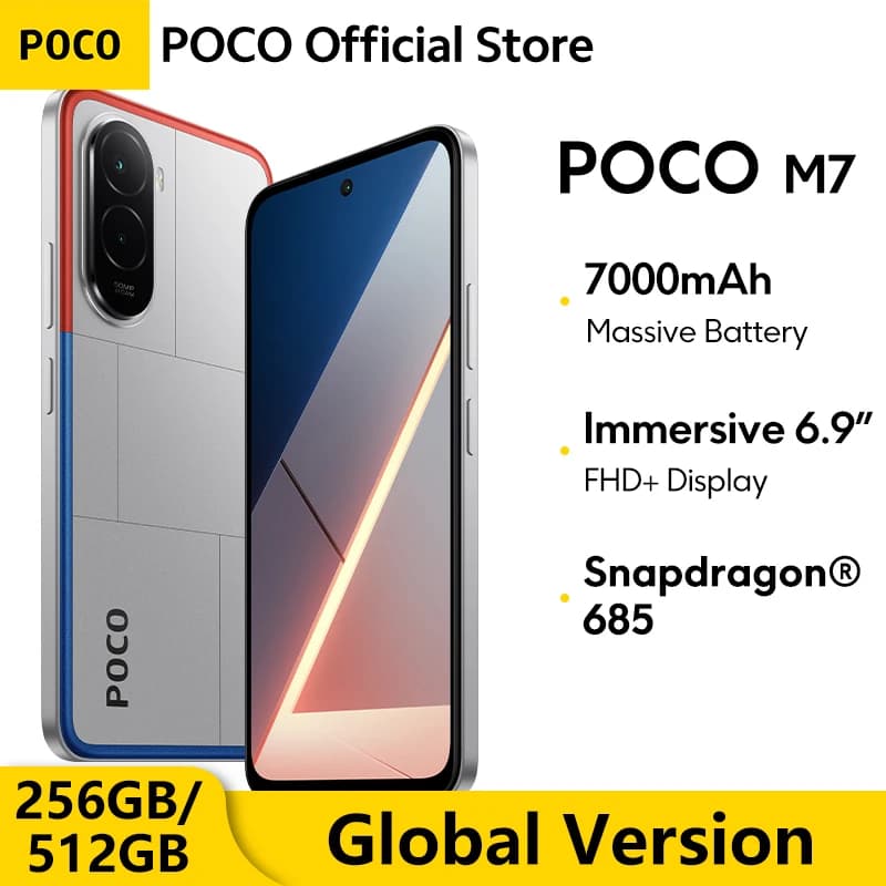 جديد هاتف ذكي POCO M7 إصدار عالمي 128GB 256GB معالج Snapdragon 685 بطارية 7000mAh كاميرا 50MP شاشة غامرة 6.9 بوصة FHD+ شحن 33W