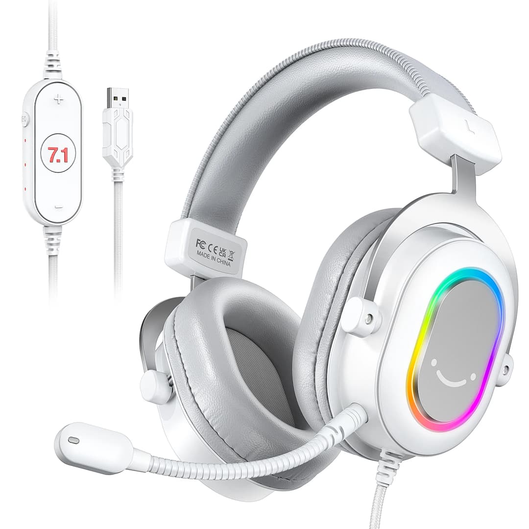 سماعة ألعاب FIFINE RGB مع صوت محيطي 7.1/3-EQ/MIC، سماعة رأس فوق الأذن مع تحكم في الخط للكمبيوتر الشخصي PS4 PS5 Ampligame-H6W