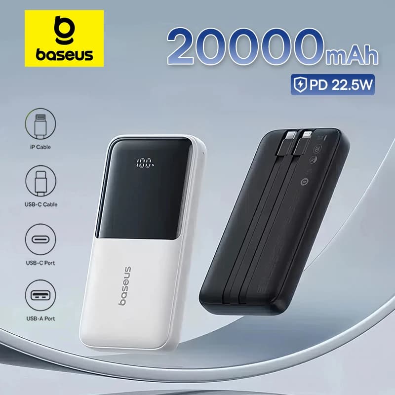 باور بانك Baseus بسعة 20000 مللي أمبير، شحن سريع 22.5 واط، بطارية خارجية لجوالات Xiaomi Poco و iPhone و Samsung وأجهزة iPad