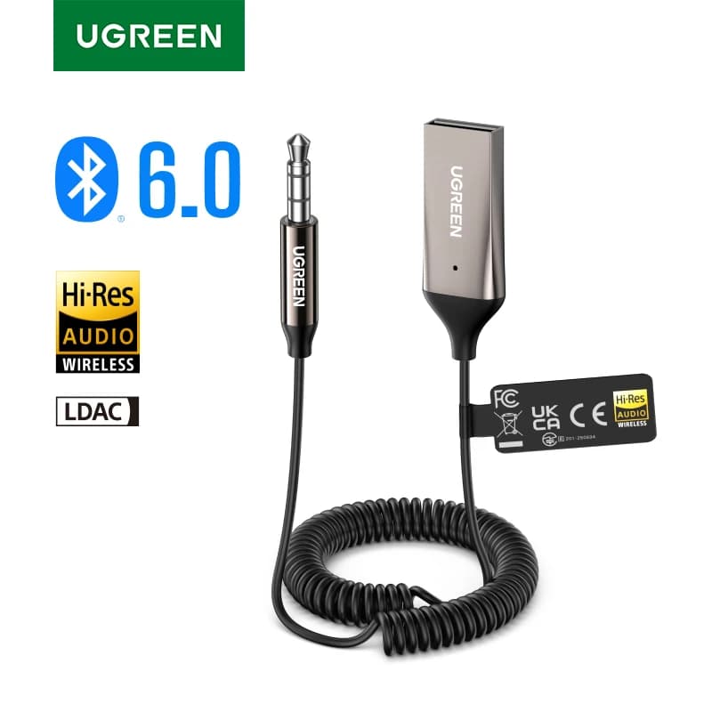 محول UGREEN بلوتوث 6.0 و5.4 لاسلكي للسيارة، من USB إلى 3.5mm Jack مع ميكروفون ويدعم المكالمات بدون استخدام اليدين لمكبرات صوت السيارة