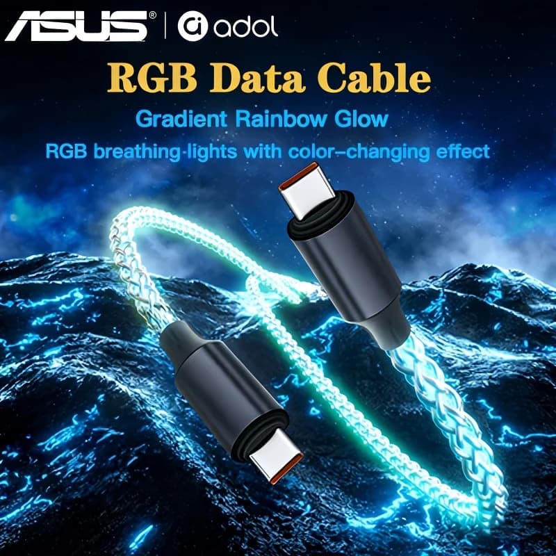 كابل بيانات إضاءة تدرجية مضيئة RGB للشحن السريع من ASUS بقوة 66 واط TYPE-C لشحن iPhone 15 وXiaomi وSamsung - 2
