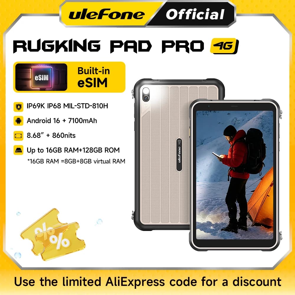 جهاز Ulefone RugKing Pad Pro اللوحي المتين 4G بشاشة 8.68 بوصة و90 هرتز وبطارية 7100 مللي أمبير بنظام أندرويد 16 وذاكرة تصل إلى 16 جيجابايت وسعة تخزين 128 جيجابايت، نسخة عالمية