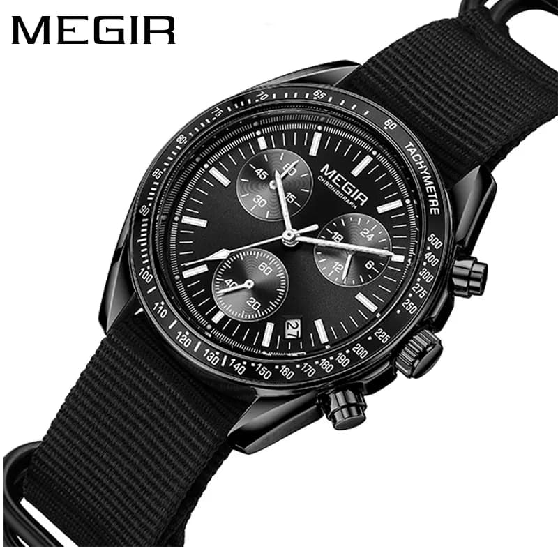 MEGIR 2247 ساعة رياضية سوداء جديدة كرونوغراف كاجوال بحزام من النسيج، كوارتز مقاوم للماء، ساعة يد للرجال - 6