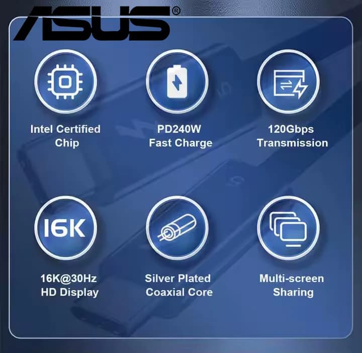 كابل شحن سريع ASUS PD240W Thunderbolt 5 USB Type C بنقل بيانات 80Gbps وفيديو 16K/8K لهواتف iPhone 16 و17 وحواسيب Macbook Pro - 5