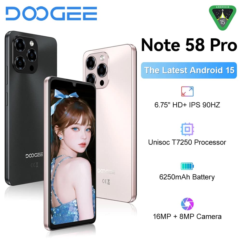 هاتف DOOGEE Note58 برو الذكي بشاشة 6.75 بوصة HD+، محمول، 8 جيجابايت رام، 256 جيجابايت روم، بطارية 6250 مللي أمبير، أندرويد 15، تقنية NFC
