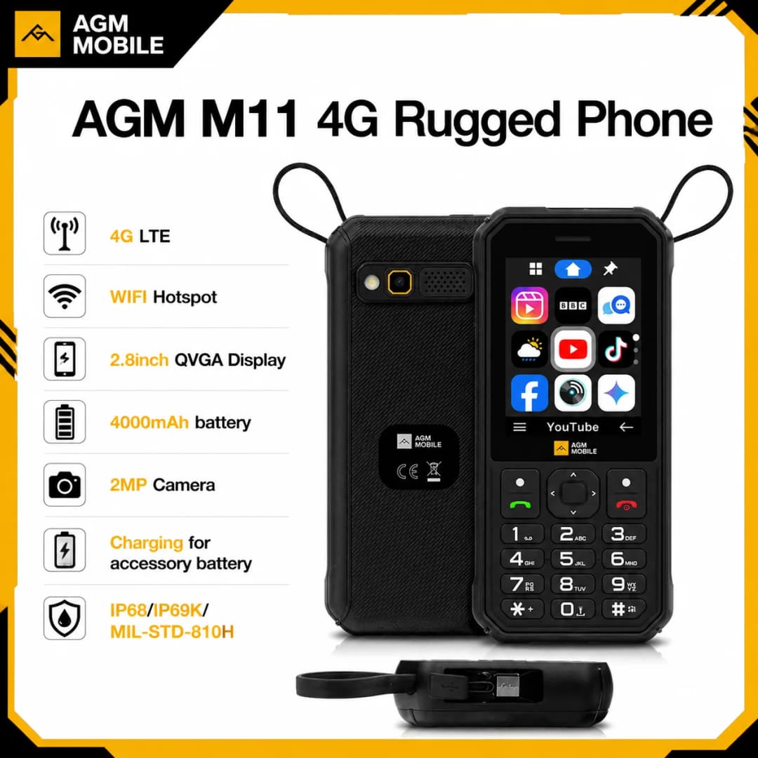 هاتف AGM M11 4G متين ضد الماء IP68 بطارية قابلة للإزالة 4000 مللي أمبير نقطة اتصال واي فاي شحن عكسي راديو FM للاستخدام الخارجي