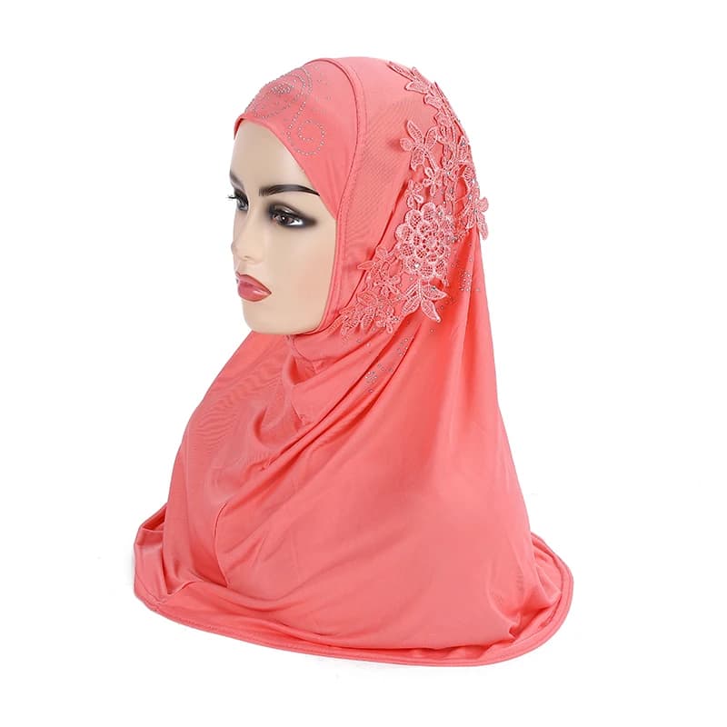 H027 beautiful big gilrs muslim hijab with lace and stones islamic scarf shawl headscarf hat armia pull on wrap ramadan gift - 2